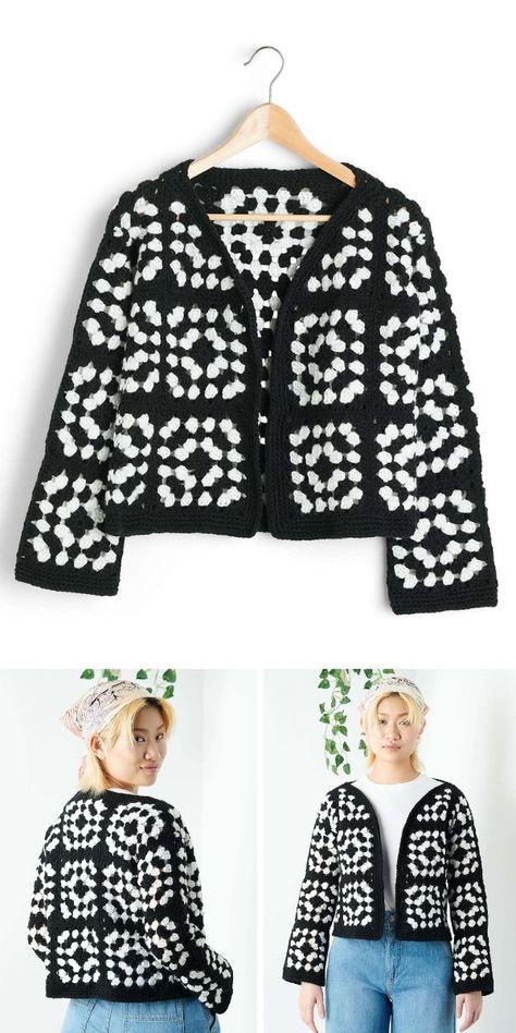 Black And White Crochet Granny Square, Black And White Granny Square Cardigan, Easy Granny Square Sweater, Easy Granny Square Cardigan, Gilet Granny Square, Free Granny Square Cardigan Pattern, Granny Square Crochet Pattern Cardigan, Granny Square Crochet Sweater Pattern, Granny Square Jacket Pattern Free