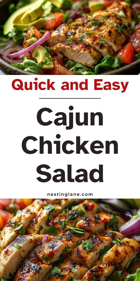 Cajun Chicken Salad with Homemade Vinaigrette recipe graphic. Cajun Chicken Pasta Salad, Cajun Chicken Salad Recipe, Cajun Chicken And Vegetables, Cajun Chicken Meal Prep, Grilled Cajun Chicken Recipes, Cajun Chicken Salad, Lime Chicken Tacos, Fast Lunch, Cajun Chicken