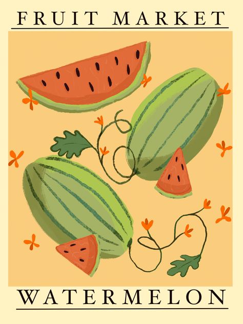 Watermelon Illustration Art, Watermelon Illustration Cute, Watermelon Art Illustrations, Fruit Poster Design, A6 Bujo, Watermelon Poster, Fruit Market Poster, Watermelon Drawing, Drawing Fruit