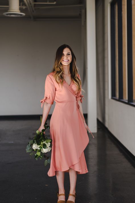 THE SAMANTHA WRAP MIDI DRESS IN SALMON Salmon Dress Outfit, Kerala Engagement Dress, Salmon Color Dress, Salmon Colour, Salmon Dress, Apricot Dress, Sunday Clothes, Autumn Soft, True Spring