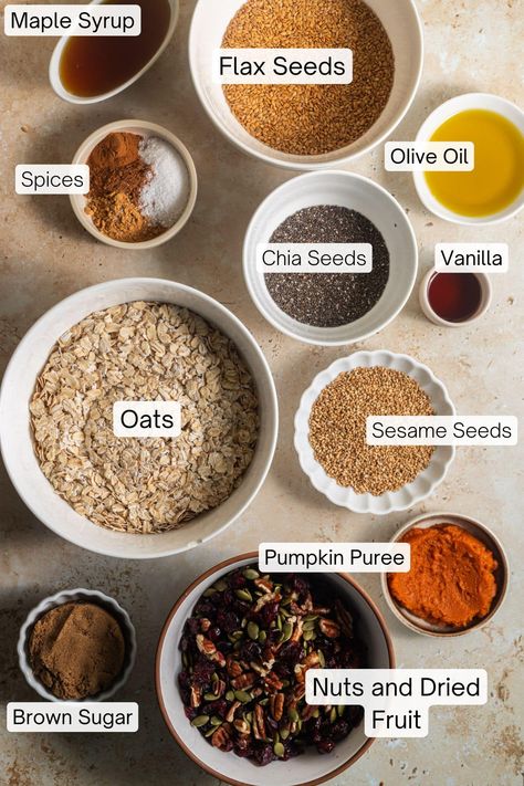 Ingredients laid out to make pumpkin spice granola. Raw Granola, Pumpkin Pasta Sauce, Pumpkin Spice Granola, Pumpkin Granola, Homemade Pumpkin Spice, Sweet Potato Breakfast, Granola Recipe, Pumpkin Seed, Pumpkin Pie Filling