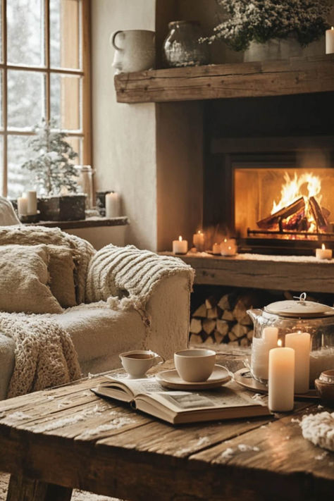 A warm living room decorated for winter with a roaring fireplace, plush throw blankets, candles, and a rustic wooden coffee table. The snowy outdoors enhances the inviting and cozy hygge vibe. Cosy January Aesthetic, Cosy Vibes Aesthetic, Cozy Life Aesthetic, Winter Living Room Decor Cozy, Modern Japandi Bedroom, Natural Light Bedroom, Bedroom Design Concept, Soft Cozy Aesthetic, Hygge Home Inspiration