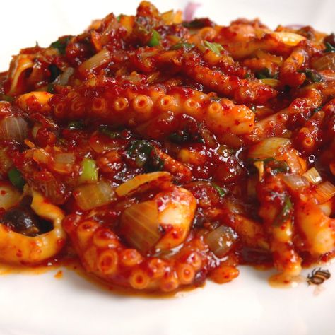 Spicy stir-fried octopus (Nakji-bokkeum) recipe by Maangchi Korean Octopus Dish, Spicy Squid Korean, Spicy Octopus Korean, Braised Octopus Recipes, Asian Octopus Recipes, Octopus Dishes Recipes, Cooked Octopus Recipe, Octopus Tentacles Recipe, Fried Octopus Recipes