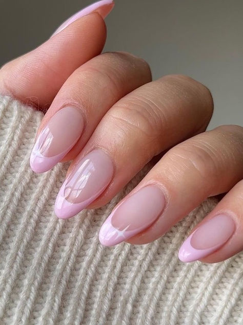 pink French tip nails: baby pink tips with a sparkle Pink Tipped Nails French, Soft Pink French Manicure, Almond Nails With Pink French Tip, Simple Nails Pink French Tip, Pink Tips Nails Almond Shape, Fresh Pink Nails, Pink Style Nails, Natural Acrylic Nails Almond French, Pastel Pink Nails Design Classy