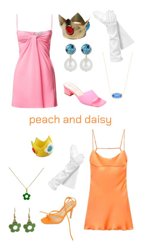 #halloweencostume #peach #princesspeach #daisy #princessdaisy #halloween #fall #autumn #outfitinspo #outfit Princess Peach Halloween Costume, Princess Peach Halloween, Mario Halloween Costumes, Peach And Daisy, Basic Halloween Costumes, Outfit Shuffles, Peach Costume, Halloween Parejas, Cute Group Halloween Costumes