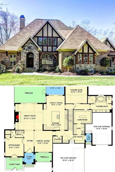 View of the vintage fairy tale and cottage like exterior and lovely landscaping. Find it this 2 story over 4000 sq ft Tudor house plan with 4 to 5 bedrooms and 5 bathrooms. See more of the Tudor home interior design of this beautiful large Tudor house. View the full floor plan and get the blueprint layout at: https://www.architecturaldesigns.com/house-plans/lavish-tudor-style-house-plan-with-optional-lower-level-93133el?cjevent=15791bf48ffb11ea823600230a180512 #blueprint #floorplan #2story Floor Plans Tudor, Tudor Style Home Floor Plans, 3000 Sq Ft Cottage House Plans, Tudor Style Cottage Plans, Tudor Style Home Plans, Sims 4 Tudor House Floor Plan, Fairy House Bloxburg Layout, 5 Bedroom Tudor House Floor Plan, German Tudor Style Homes