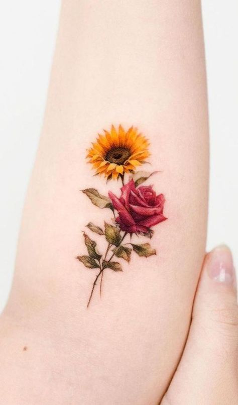 A stem of sunflower and rose tattoo Rose And Sunflower Tattoo, Sunflower And Rose Tattoo, Simple Unique Tattoos, Hydrangea Tattoo, Bee Tattoos, White Rose Tattoos, A Tattoo Design, Embroidery Tattoo, Lady Bug Tattoo