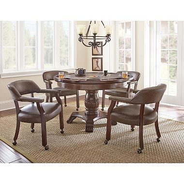 Talley Dining Table with Poker Game Top and 4 Chairs (Assorted Colors) Game Table And Chairs, Brown Chair, Wood Arm Chair, Game Table, Media Room, Table Games, Dining Room Sets, Arm Chair, Round Dining