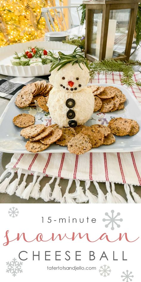 15-Minute Snowman White Cheese Ball Recipe via @tatertotsjello