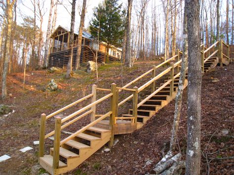 New stairs going down to lake; need to be stained. Hill Stairs, Cottage Stairs, Beach Stairs, Lake Landscaping, Outside Stairs, Sloped Backyard Landscaping, Landscape Stairs, Building Stairs, Stairs Ideas