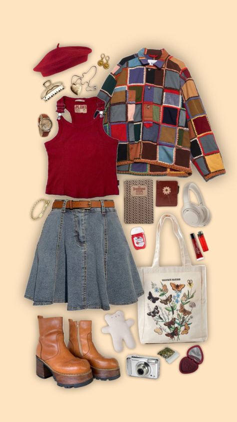 #aestheticoutfit #outfit #outfitinspiration #outfitinspo #red #aesthetic Aesthetics Outfits Vintage, Art Teacher Style Aesthetic, Red Retro Outfits, Petit Outfits, Apple Aesthetic Outfit, Artsy Outfits Aesthetic, Denim And Red Outfit, Artsy Clothing Aesthetic, Artsy Clothes