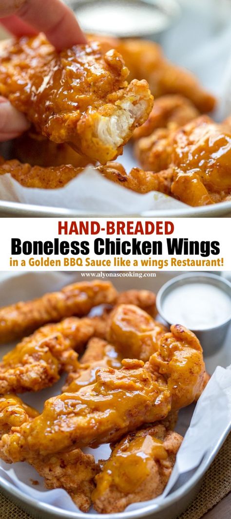 Quick Chicken Wings Recipes, Wing Stop Boneless Wings Recipe, Boneless Wings Recipe Fried, Easy Boneless Chicken Wings, Best Boneless Wings, Boneless Wings Aesthetic, Deep Fried Boneless Chicken Wings, Baked Boneless Chicken Wings, Chicken Wing Batter Recipe