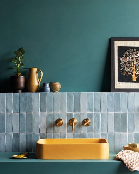 Zellige Tile Bathroom, Stick On Kitchen Backsplash, Modern Wall Tiles, Blue Bathroom Tile, Tiles Designs, Glazed Walls, Wall Tiles Design, Casa Vintage, Zellige Tile