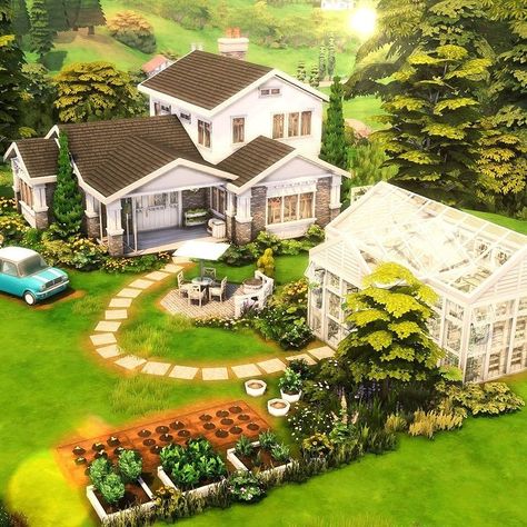 🪴A gardener’s craftsman’s style home with its white greenhouse 🌱🌿 - 🪴Gardener's Craftsman's Home ☘️3 bedrooms - 2 bathrooms 🌿§ 93k… | Instagram Sims 4 House With Garden, Sims 4 Gardener House, Sims 4 House With Greenhouse, Sims 4 Plant House, Green House Sims 4, Sims 4 3 Bedroom House Plan, Sims Greenhouse, Sims Garden Ideas, The Sims 4 Garden Ideas