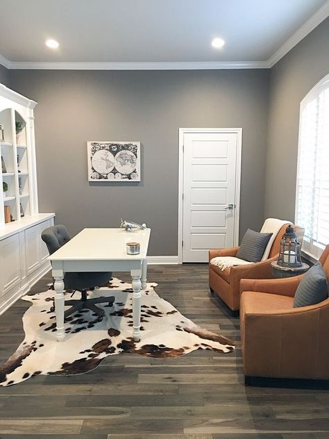 Sherwin Williams Dovetail Grey Home Office Paint Color #SherwinWilliamsDovetail Office Paint Color, Sherwin Williams Dovetail, Home Office Paint, Grey Home Office, Headboard Grey, Office Paint, Best Modern House Design, Grey Home, Wooden Headboard