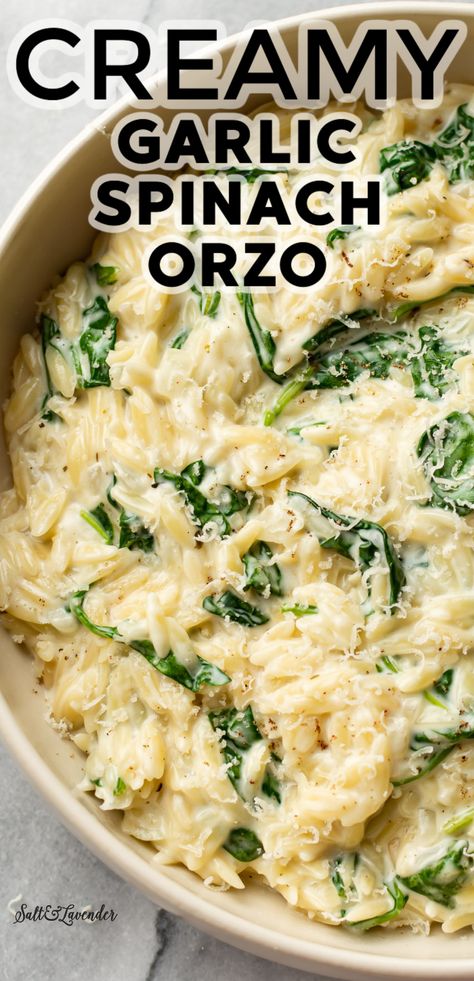 Essen, Creamy Garlic Orzo, Easy Orzo Salad, Orzo Recipes Side, Garlic Orzo, Easy Orzo, Spinach Side Dish, Spinach Orzo, Orzo Pasta Recipes