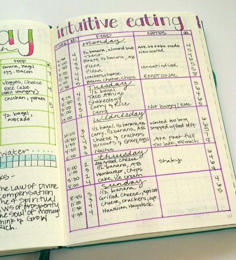 Tracking intuitive eating in my bullet journal. Food Journal Intuitive Eating, Nutrition Journal Ideas, Bariatric Journal Ideas, Diet Tracker Bullet Journal, Bariatric Journal, Eating Tracker, Bullet Journal Meal Plan, Eating Journal, Bullet Journal Health