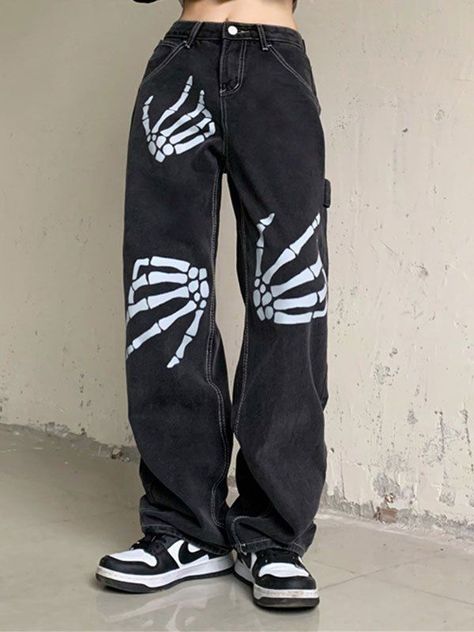 Hand Skeleton Print Boyfriend Jeans Boyfriend Jeans Black, Custom Jeans Diy, Hand Skeleton, Jeans Online Store, Diy Jeans, Custom Jeans, Painted Jeans, Skeleton Print, Outfit Jeans