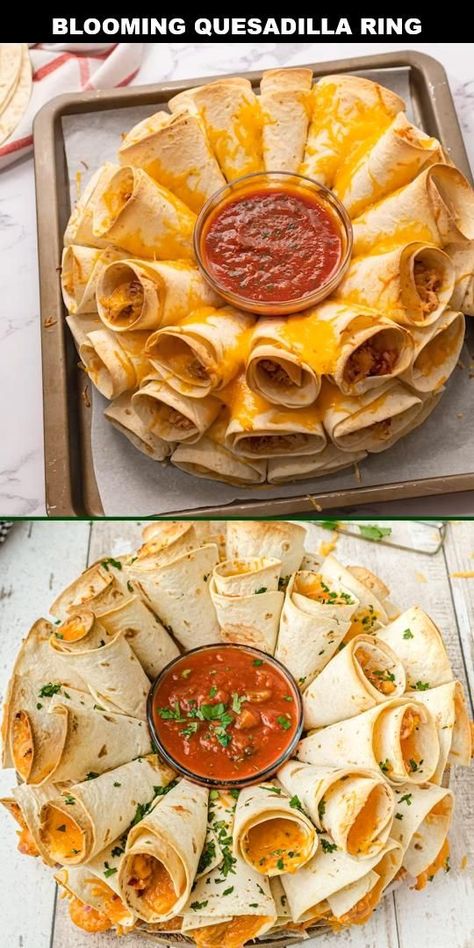 Blooming Quesadilla Ring, Blooming Quesadilla, Quesadilla Ring, Party Appetizers Dips, Quesadilla Recipes Easy, Finger Foods Easy, Quesadilla Recipes, Football Food, Party Appetizers