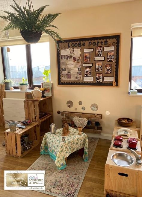 Nursery Loose Parts Area, Loose Parts Display Board, Home Corner Ideas Early Years, Curiosity Approach Eyfs, Baby Room Ideas Early Years, Front Yard Flower Bed, Reception Classroom, Reggio Emilia Classroom, House Reception