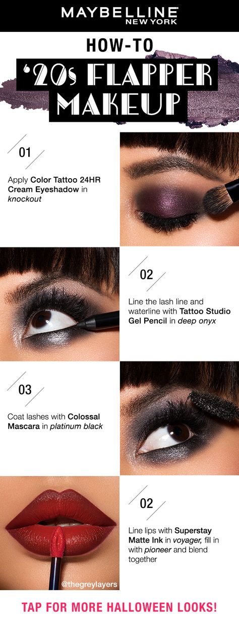 Live the Roaring Twenties with this dramatic smokey eye makeup look paired with a fiery red lipstick and sparkle...lots of sparkle. Get the look using all Maybelline products! Tap for more Halloween makeup looks! #mnyhalloween 1920s Smokey Eye, 1920s Makeup Halloween, Flapper Eye Makeup, Prohibition Makeup, Great Gabsy Make Up, Roaring 20s Makeup Tutorial, 1920s Makeup Gatsby Tutorial, Roaring 20s Make Up, 1920s Makeup Gatsby Eye