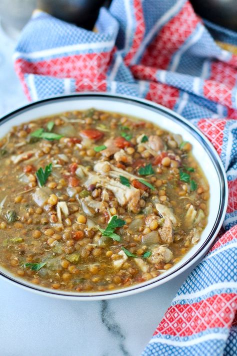 Chicken Lentil Recipes, Chicken And Lentil Soup, Lentil Soup Instant Pot, Lentils Instant Pot, Chicken Lentil Soup, Chicken Lentil, Honey Garlic Chicken Thighs, Soup Instant Pot, Lentil Soup Recipe