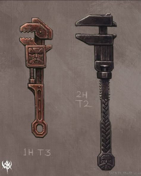 Steampunk Tools Art, Steampunk Wrench, Artificer Tools, Fantasy Tools, Warhammer Online, Armadura Ninja, Cool Swords, Steampunk Design, Dungeons And Dragons Homebrew