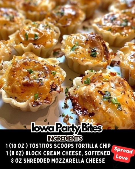 ￼

RECIPE : Iowa Party Bites
Ingredients
1 (10 oz ) tostitos scoops tortilla chips
1 (8 0z) block cream cheese, softened
8 oz shredded mozzarella cheese
1 egg
1 (15 oz) can sweet corn, drained
1 (4 oz) can green chiles, mild or medium
1 teaspoon garlic powder
1 teaspoon salt
½ teaspoon black pepper
½ cup grated parmesan cheese, for tops
How to Make Iowa Party Bites
Preheat oven to 425 degrees F.
Lightly grease two large baking sheets or line them with parchment paper. Tightly arrange chips on the sheets cup side up.
In a large bowl, mix together cream cheese, mozzarella, egg, corn, chiles, garlic, salt, and pepper.
Scoop filling into chips, about 1 tablespoon in each one.
Sprinkle tops with parmesan cheese.
Bake for 13-15 minutes or until tops begin to brown Tostitos Scoops Recipes, Cheap Side Dishes, Tostitos Scoops, Baked Tortilla Chips, Party Bites, Canning Sweet Corn, Cheese Party, Shredded Mozzarella, Baking Sheets