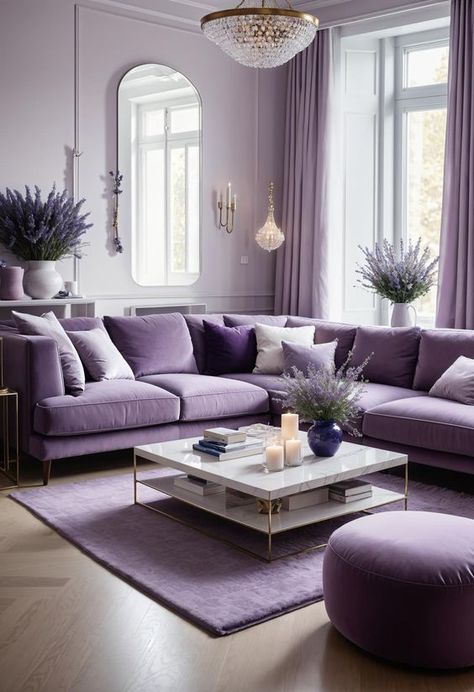 Lavender Velvet Sofa, Living Room Pink Aesthetic, Home Decor Purple, Purple Home Decor Living Room, Purple Accent Living Room, Purple Furniture Living Room, Purple Interior Design Living Room, Bloxburg Challenges, Grey And Lavender Living Room