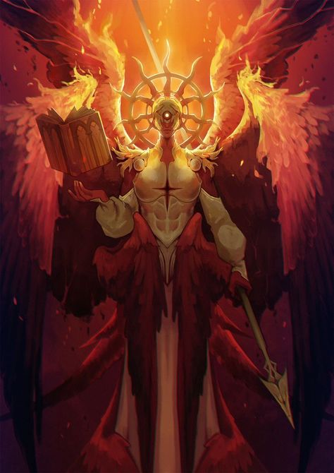 Sun Demon Art, Dark Fantasy Creature Design, Fire Angel Art, Fire Creature Concept Art, Fire God Art, Sun God Character Design, Dnd Gods Concept Art, Gods Character Design, Archangels Uriel