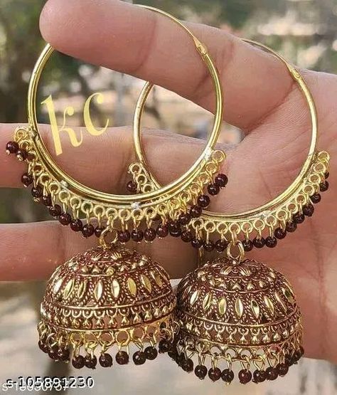 New Earrings & Studs Base Metal: Alloy Plating: Gold Plated Sizing: Adjustable Stone Type: Artificial Beads Type: Jhumkhas Country of Origin: India Price/-270 #wholesale #Fashion #indianwedding #newcollection Big Earing, Golden Jhumka Earrings, Bali Earrings, Stud Earrings Unique, Golden Earrings, Jhumka Earrings, Earrings Studs, Fancy Jewelry, Maroon Color