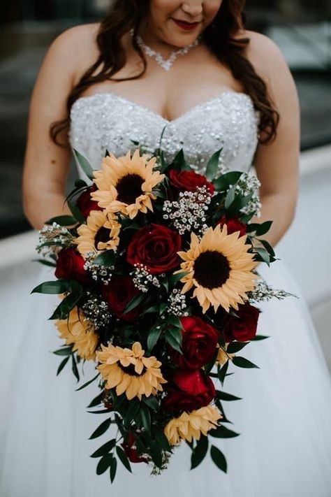 Burgundy And Sunflower Bouquet, Burgundy Sunflower Wedding Decor, Red And Black Wedding With Sunflowers, Fall Bridal Hairstyles Half Up Half Down, Rose And Sunflower Quinceanera, Sunflower Roses Wedding Theme, Winter Wedding Sunflowers, Black And Burgundy Wedding With Sunflowers, Sunflower Rose Wedding Bouquet