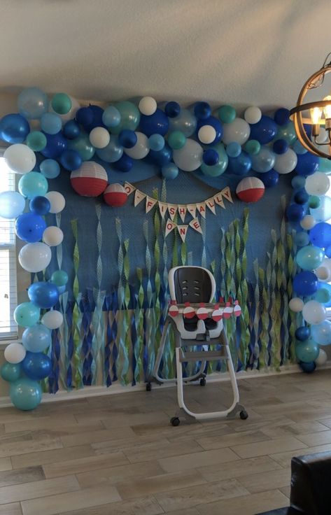 Fishing Birthday Party Boys, Fish Decorations, Fishing Themed Birthday Party, Baby Shower Fishing, Ocean Birthday Party, Shark Themed Birthday Party, Fishing Birthday Party, Boys First Birthday Party Ideas, Boys 1st Birthday Party Ideas