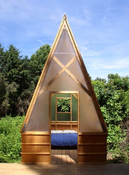 The Swamp Huts have a timber frame and polycarbonate panels (Photo: Moskow Linn Architects, from the... Meditation Hut, A Frame Tent, A Frame Cabins, A Frames, Polycarbonate Panels, Meditation Garden, Frame Cabin, A Frame Cabin, Tiny Cabin