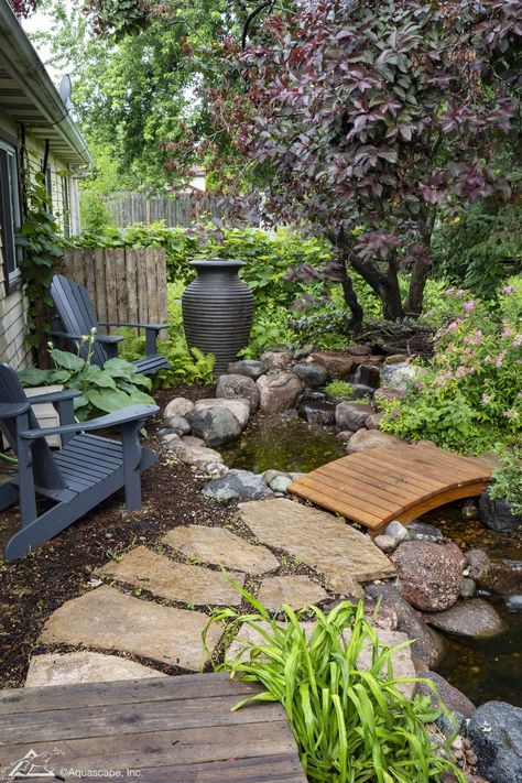 Village Garden Design, Pond In The Garden, Natural Garden Pond, Small Coy Pond, House With Pond In Front Yard, Small Pond Bridge, Water Gardens Backyard, Pond Seating Area, Wildlife Ponds For Small Gardens