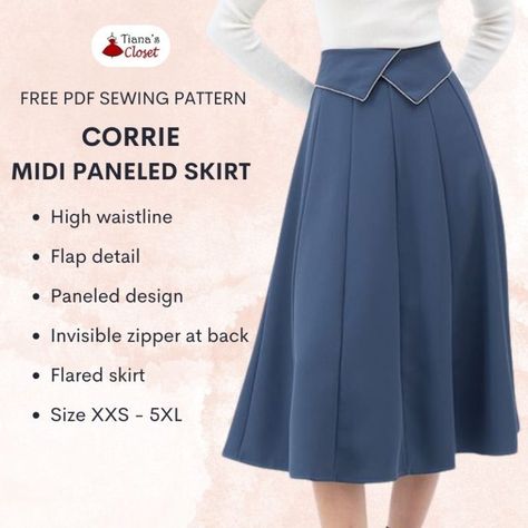 Corrie paneled midi skirt – free PDF sewing pattern Structured Skirt Pattern, Vintage Skirt Pattern High Waist, How To Sew An A Line Skirt, Skirt Pattern A Line, Reversible Skirt Pattern, Dark Academia Sewing Pattern, Panel Skirt Pattern, Paneled Skirt Pattern, Midi Skirt Sewing Pattern