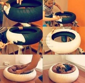 DIY How to Make a Pet Bed with Tire What a beautiful idea to recycle a tire and make a beautiful and comfortable bed for your Pets to sleep. Tire Craft, Diy Cat Bed, Chat Diy, Diy Pet Bed, Dog House Bed, Dog House Diy, Diy Dog Bed, Used Tires, Dog Projects