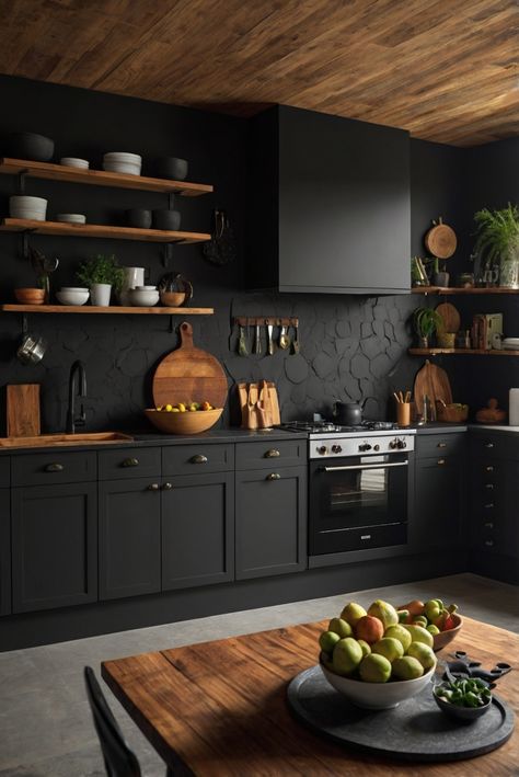 home decor interior design,color matching painting,interior bedroom design,living room interior Black Themed Kitchen, Black Wall Kitchen, Black Kitchen Walls, Black Kitchen Wall, Black Walls Kitchen, Japandi Office, All Black Kitchen, Kitchen Renos, Moody Kitchen