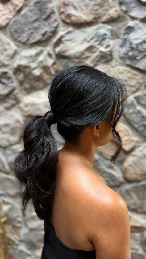 Mid Pony Updo, Prom Hair Pony, High Pony Bridesmaid Hair, Low Pony Hairstyles Short Hair, Curled Low Ponytail, Low Pony Bridesmaid Hair, Bridesmaid Hairstyles Dark Hair, Fancy Low Ponytail, Dark Hair Ponytail