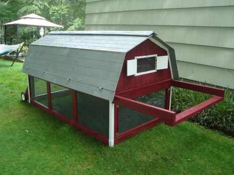 My favorite chicken tractor design so far. Roosts and nests are built above, and area to wander and feed down below. Drag your chicken pen around the yard so they can eat grass and bugs in a different spot each day. Chicken Coops Diy, Chicken Tractor Plans, Gambrel Shed, Urban Chicken Farming, Mobile Chicken Coop, Tractor Barn, Chicken Tractors, Chicken Pen, Chicken Tractor