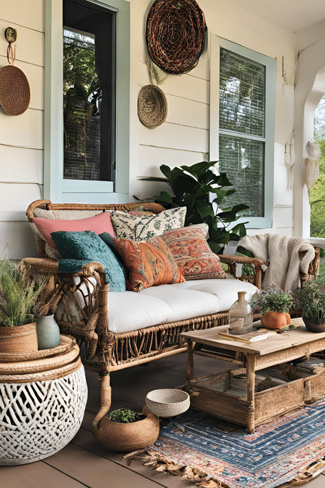 Ready to refresh your porch? Discover beautiful porch decor ideas that will turn your outdoor space into a stylish retreat. From creative porch decorating ideas front and center, to charming porch decor that adds personality, these tips will help you elevate your home’s curb appeal. Whether you're focused on porch decorating front or looking for overall porch inspiration, these ideas are perfect for any home. Hippy Front Porch, Decorating Wrap Around Porch, Uncovered Porch Decor, Front Patio Furniture Ideas, Charleston Porches, Front Porch Boho, Southern Porch Decor, Outside Porch Decor, Front Porch Table