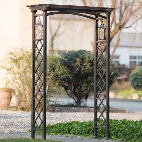 Metal Arbor with Lanterns Metal Archway, Iron Gazebo, Metal Arbor, Beautiful Entrance, Wood Arbor, Geometric Decoration, Cheap Pergola, Pergola Swing, Metal Pergola