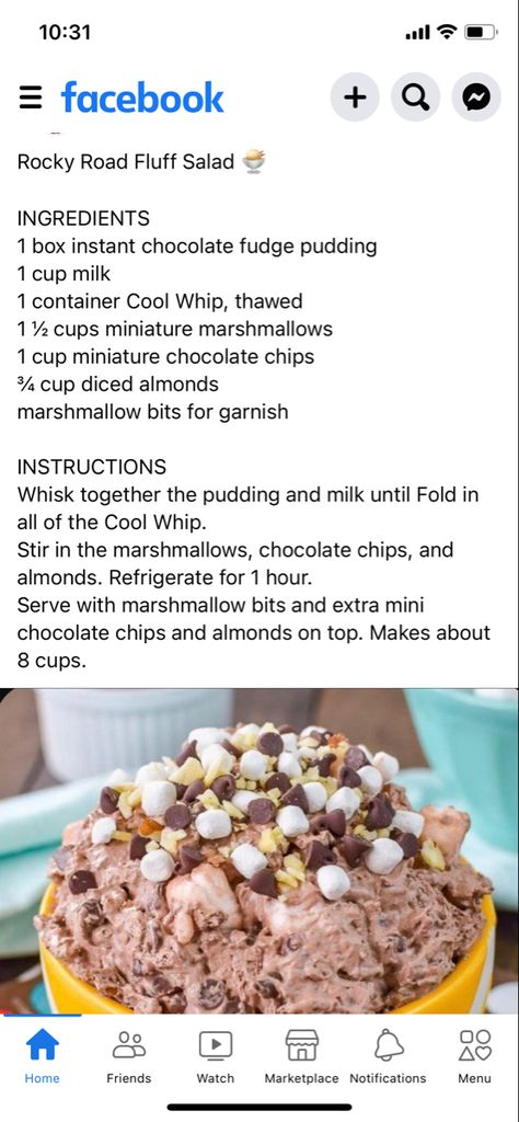 Chocolate Salad Recipe, Rocky Road Fluff Salad, Rocky Road Fluff, Cookie Salad Fudge Stripe, Banana Split Fluff Salad Recipes, Snickers Apple Salad With Butterscotch Pudding, Marshmellow Fruit Fluff Salad, Marshmallow Bits, Fluff Salad