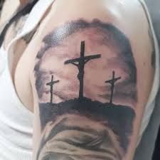 3 Crosses Tattoo Men, 3 Crosses Tattoo, Crosses Tattoo, Cross Shoulder Tattoos, Crucifix Tattoo, Cross Tattoo On Hand, Berg Tattoo, Jesus Tattoo Design, Cross Tattoo On Wrist