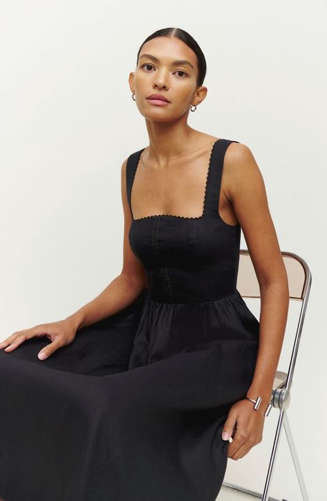 Reformation Tagliatelle Linen Dress | Nordstrom Tagliatelle, Dress With A Corset, Linen Dress Black, Ny Outfits, Black Linen Dress, Reformation Dress, Linen Midi Dress, Lace Neckline, Midi Length Dress