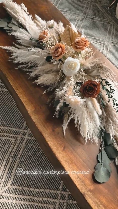 Pampas Table Arrangement, Pampas Table Centerpiece Wedding, Boho Wedding Centerpieces Eucalyptus, Wedding Head Table Centerpiece, Boho Glam Wedding Centerpieces, Boho Wedding Centrepiece, Centerpieces With Pampas And Flowers, Wedding Table Decorations With Pampas, Boho Cake Table Decor