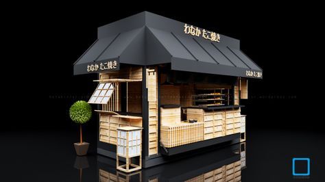 Takoyaki Kiosk | KOTAK INTERIOR AND FURNITURE Kiosk Design Ideas, Coffee Booth, Gerobak Dorong, Street Food Design, Container Cafe, Food Kiosk, Food Cart Design, Kiosk Design, Food Truck Design