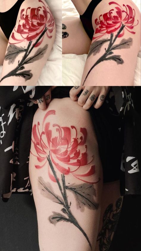 Red Chrysanthemum tattoo on a womana thigh by hantao Red Flower Tattoos For Women, Spider Lily Tattoo Forearm, Anime Flower Tattoo, Spider Lilies Tattoo, Spider Lily Tattoo Thigh, Red Spider Lily Tattoo Leg, Red Lily Tattoo, Anime Thigh Tattoo, Red Spider Lily Tattoo Thigh