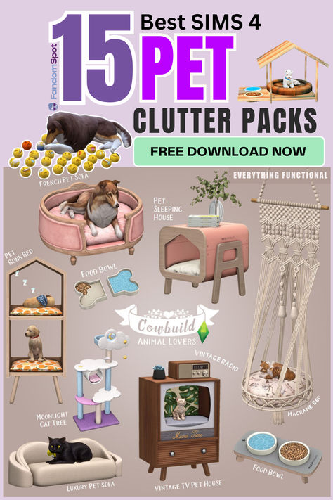 Add this huge collection if pet-themed clutter into your Sims lives. This huge TS4 CC list offers custom pet bowls, toys, boxes, food bags, and more for your cats and dogs. Pet Furniture Sims 4 Cc, Sims 4 Dog Furniture, Sims 4 Cc Mods Pets, Sims 4 Pet Stuff, Sims 4 Cc Furniture Pet, Sims 4 Cat Furniture, Sims 4 Cc Dog Crate, Sims 4 Mods Pets, Sims4 Dog Cc