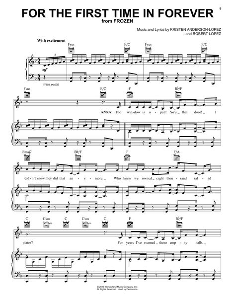 Download Kristen Bell & Idina Menzel For The First Time In Forever (from Disney's Frozen) sheet music notes that was written for Piano, Vocal & Guitar and includes 2 page(s). Printable Disney PDF score is easy to learn to play. Learn more about the conductor of the song and Piano, Vocal & Guitar music notes score you can easily download and has been arranged for. The number (SKU) in the catalogue is Disney and code 122485. The PVG Kristen Bell & Idina Menzel sheet music Minimum required purchase Idina Menzel, Disney Sheet Music, Frozen Songs, Song Notes, Clarinet Sheet Music, Saxophone Sheet Music, Flute Sheet Music, Song Sheet, Notes Online